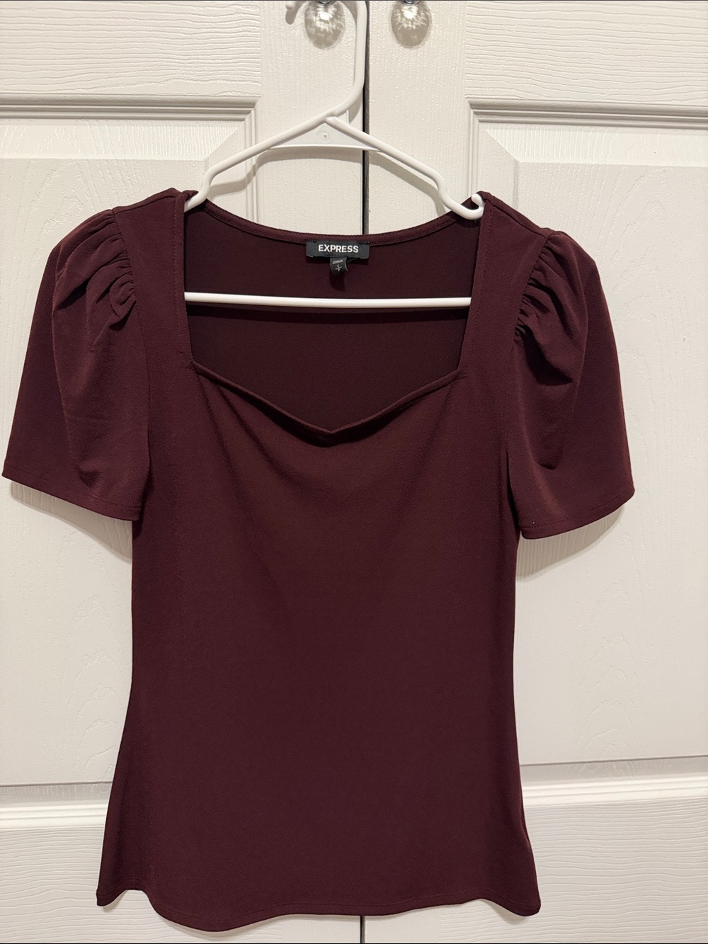 Express Women's Burgundy Square Neck Puff Sleeve Top